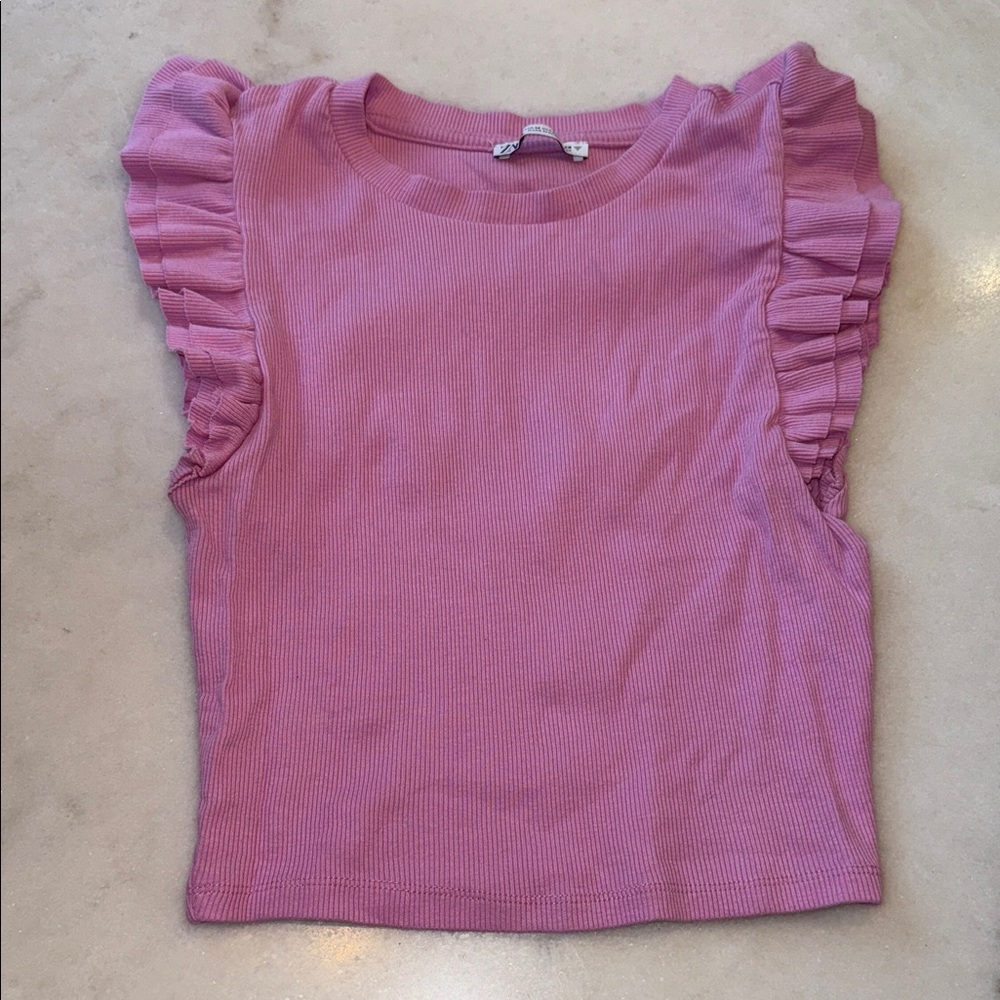 Zara Pink Ribbed Knit  Top ruffle shoulder